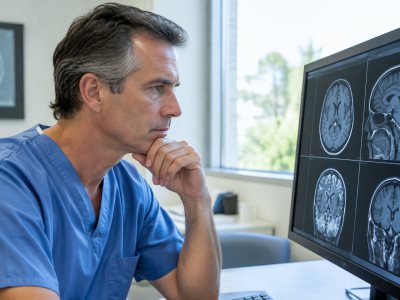 Consultant surgeon reviewing brain scan in clinic