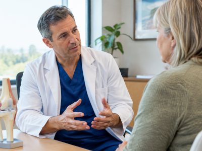 Consultant surgeon discussing surgery with patient indoors
